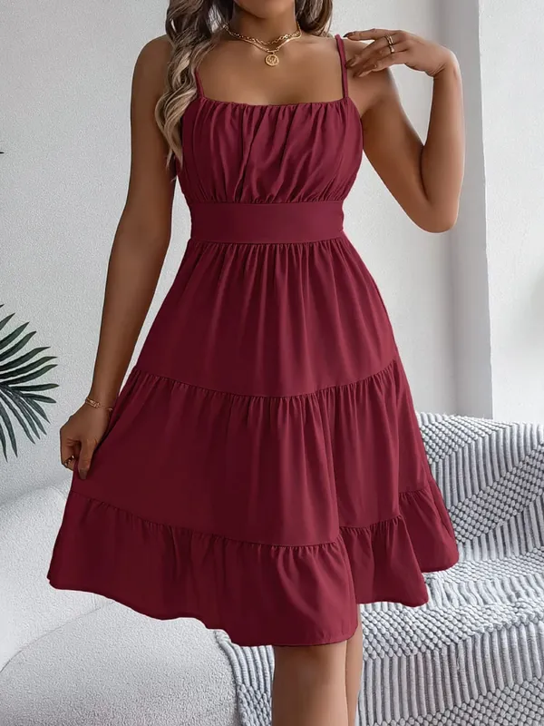 Casual Vacation Ruffled Camisole Dress Spring Summer Women's Solid Dresses for 2026 Valentine's Day Woman Clothing Pink Blue — image 9