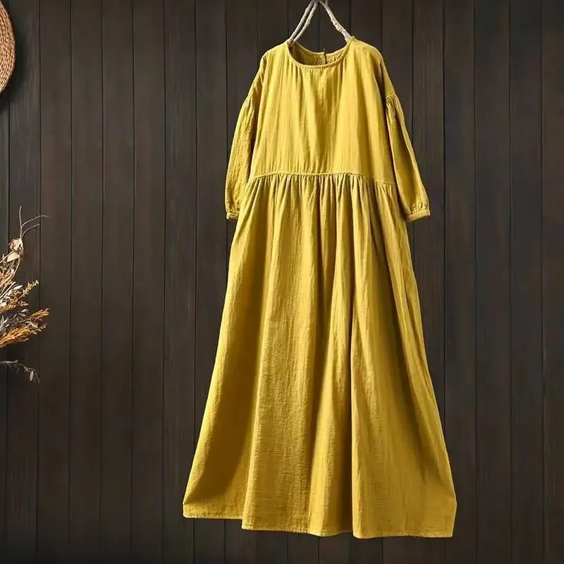 Johnature Women Vintage Cotton Dresses O-Neck Half Sleeve Soft Solid Color Robes 2025 Summer New Casual A-Line Female Dress — image 8