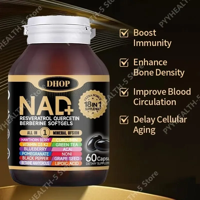 NAD+ Softgels com Resveratrol Quercetin Berberine Softgels Suplemento 18 em 1 para suporte geral à saúde 60 cápsulas