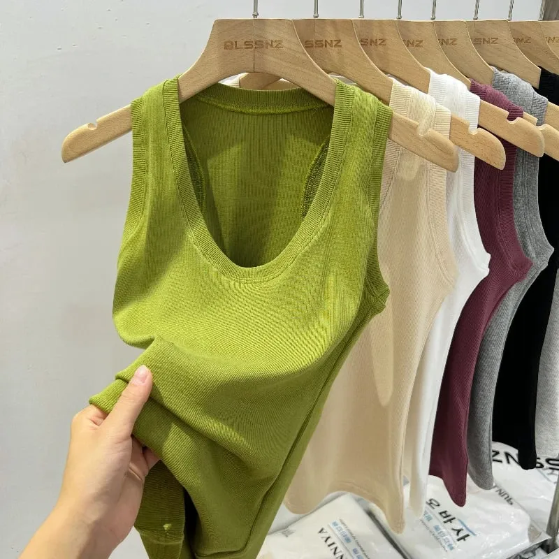 2026 Summer Basic Elastic Tank Top Women Solid Low Round Neck Ribbed Camisole Korean Style Versatile Slim Tanks & Camis — image 3