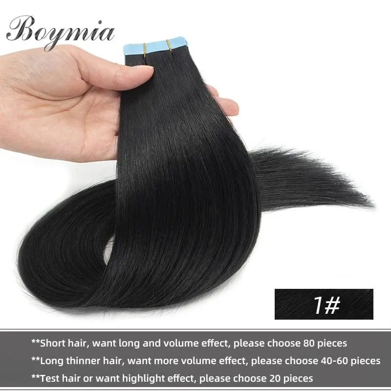 Boymia Tape In Human Hair Extensions 12"-24" Natural Black Machine Remy Tape In Hair Extension Invisible Tape Hair 20pcs