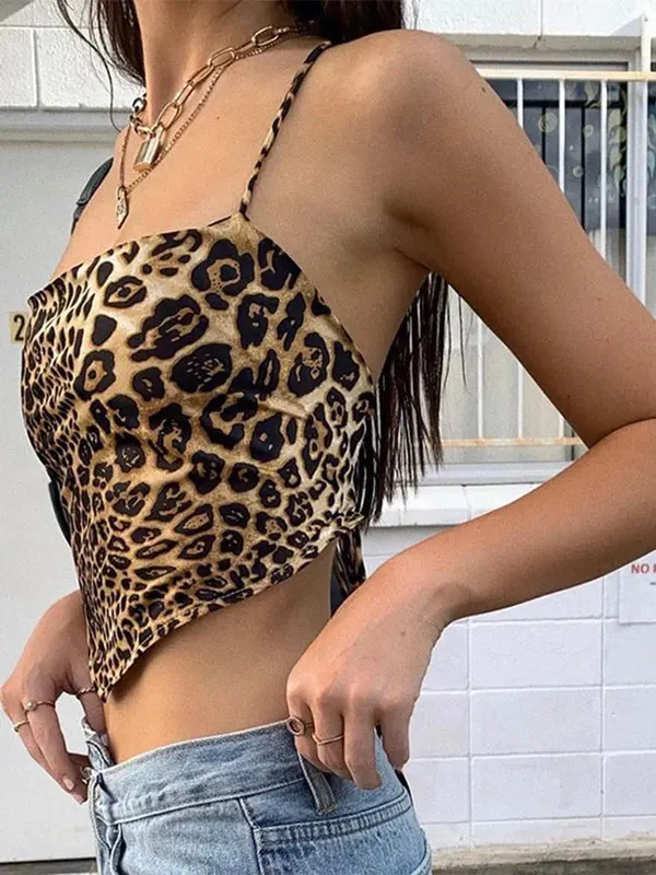 Leopard Pattern Women Tank Tops Backless Sexy Rave Outfits Sleeveless Cross Lace Up Bralette Crop Top Summer Streetwear — image 3