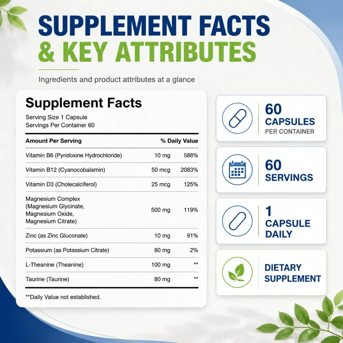 Docteat Magnesium Complex Capsules 500mg L-Theanine Taurine Supports Nerve Health Energy Metabolism Muscle Relaxation 60 Caps — image 3