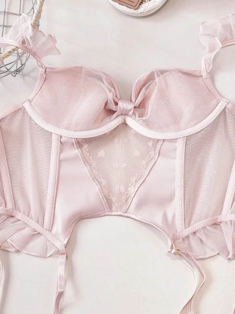 Pink With Chest Pad Fishbone Corset Lingerie Set Fixed Double Straps Midriff Women Bra with Underpants Suit — image 3