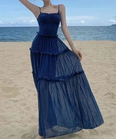 Women Strap Sleeveless Ruffles A-line Midi Maxi Long Dress 2025 Summer Beach Holiday Vacation Vestidos Dresses — image 9
