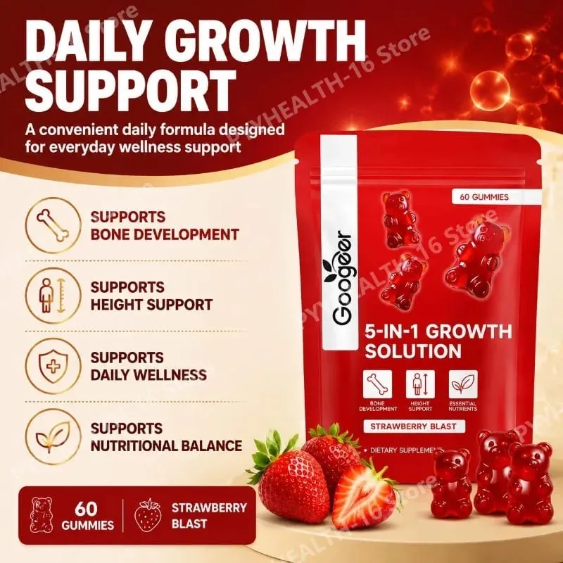 Googeer Solution de croissance 5 en 1 Gummies pour le développement osseux et le soutien de la taille Vitamine D3 K2 Calcium Strawberry Blast 60 Gummies — image 4