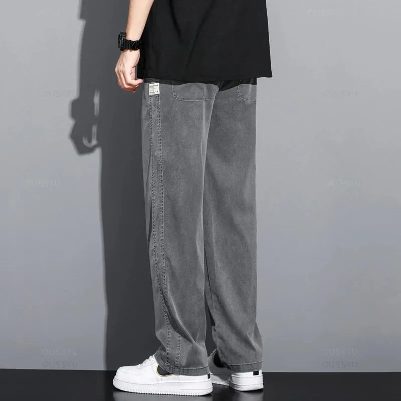 Summer Soft Lyocell Fabric Men's Jeans Thin Loose Straight Pants Drawstring Elastic Waist Korea Casual Trousers Plus Size M-5XL — image 7