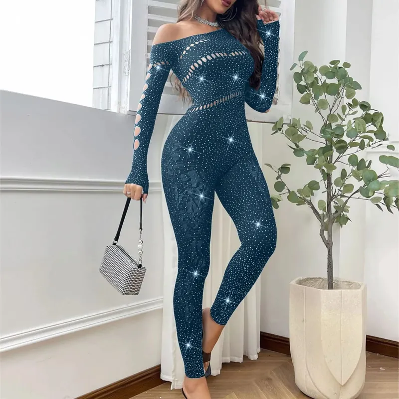 Combinaison Sexy en maille strass pour femmes, manches longues, transparente, bas de corps très extensibles, combinaison Club, grande taille, Stock Lingerie — image 8