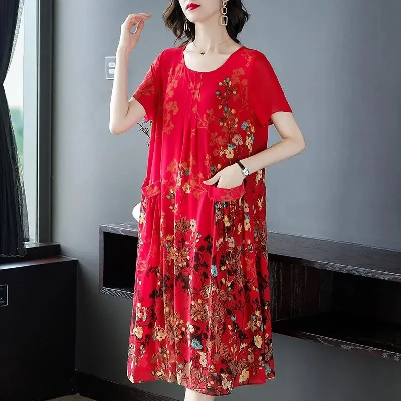 Mother Clothes Summer Chiffon Dresses O-Neck Mid-Long Printed A-line Dress Large Size Short Sleeve Middle-aged Women's Vestidos — image 2