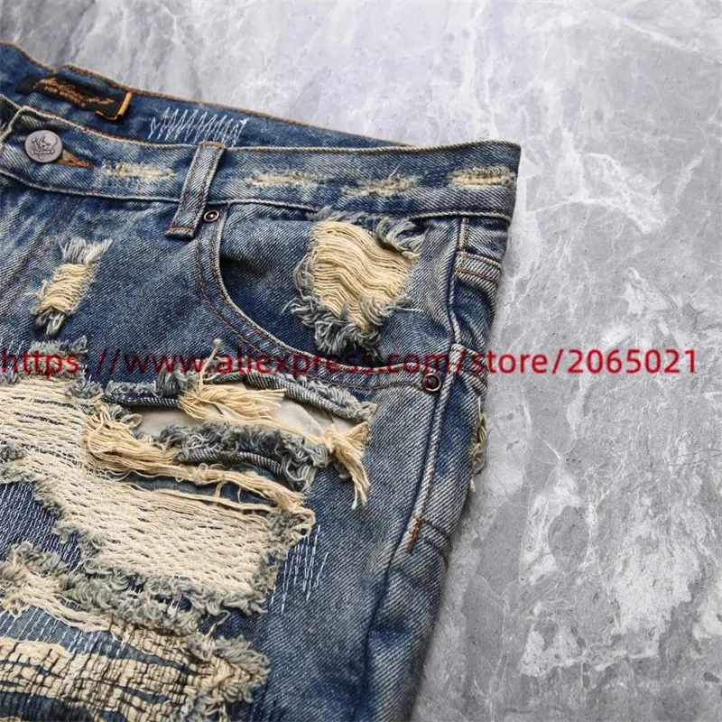 Washed Damaged Embroidery Patches Vintage Denim Jeans Men Women 1:1 Best Quality Pants — image 4