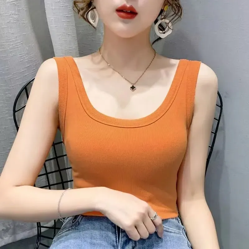 2023 Summer Women Basic Ribbed Knitted Tank Top Solid Color Sleeveless T-shirts Casual Camis Green Blue Elastic Female Tops — image 2