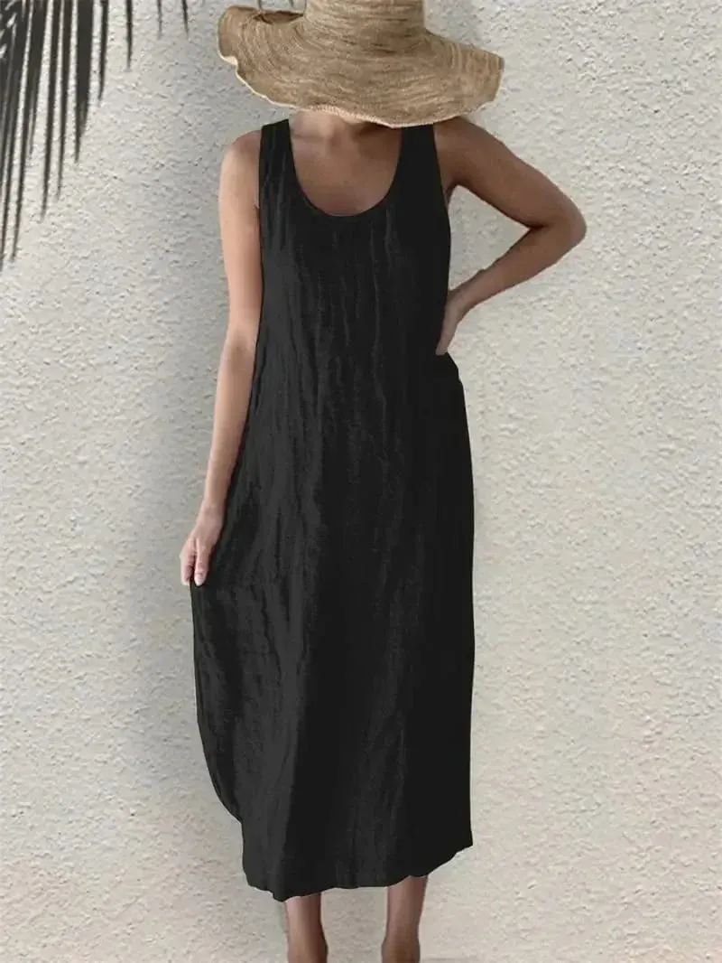 Women Comfortable Casual Cotton Linen Dresses 2026 Summer Solid Color Side Pockets Dress Female O Neck Pullover Sleeveless Gown — image 6
