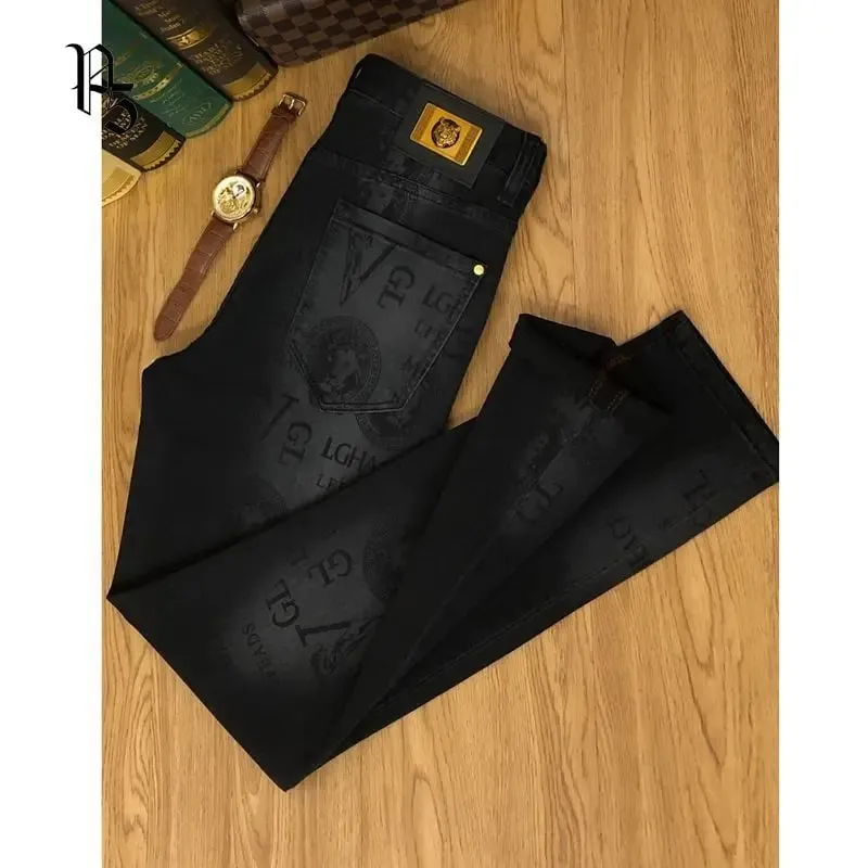 Spring and Autumn Korean Slim Jeans for Men 2025 High-end Luxury Clothing Black Printing Mid-waist Stretch Casual Pencil Pants — image 3