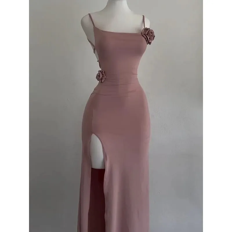 Sexy Sleeveless Slit Dress Openwork Elegant Three-dimensional Rose Slim Dress 2025 Summer Fashion Ladies Party Club Vestidos