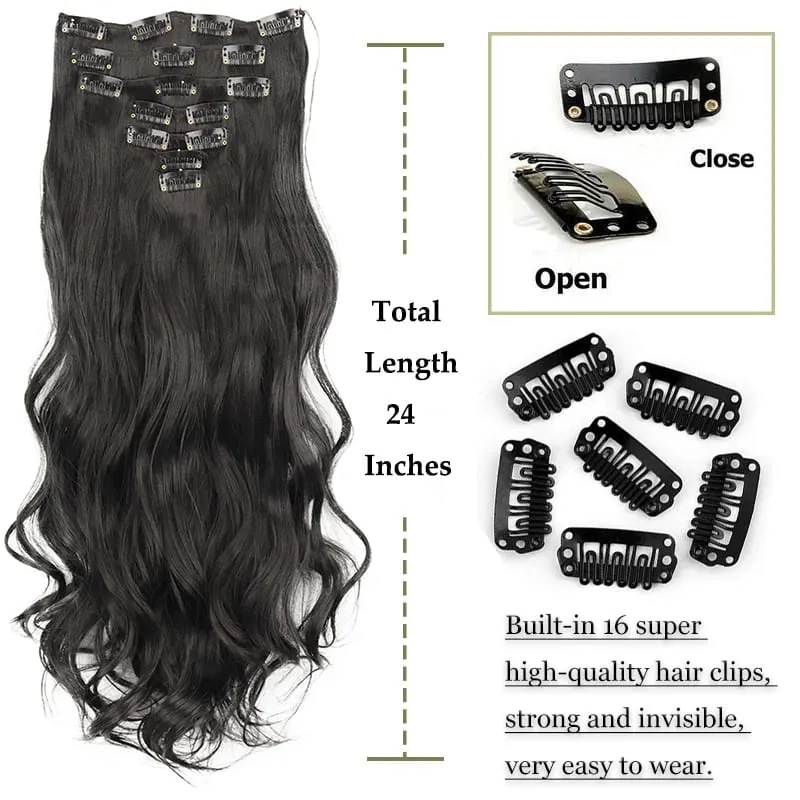 24Inch Synthetic Extension 16 Clips Blonde Hair Natural Long Wavy 7Pcs/Set Heat Resistant Fiber Hairpiece Black Brown Hairstyle — image 3
