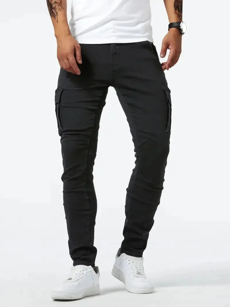 Men's street stretch denim jeans washed solid color multi pocket work pants casual slim fit daily wear jogging pants mid wa — image 3