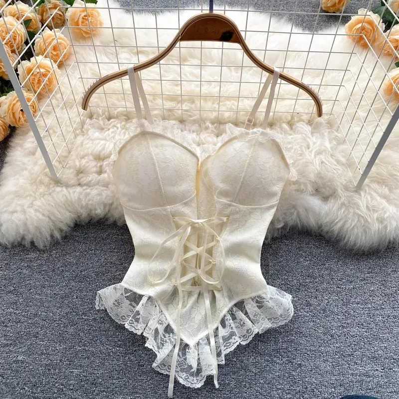 Vintage Lace Corset Bustier Women Spaghetti Straps Tanks and Camis Sexy Slim Crop Top Urban Chic Camisole Fashion Summer Clothes — image 8
