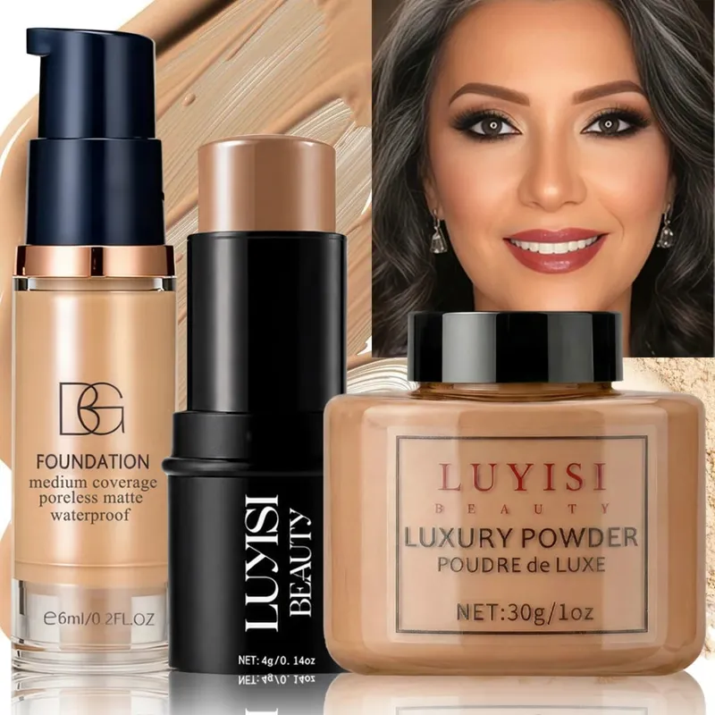 Facial Makeup Set:1PC Foundation+1PC Contouring Stick+1PC Setting Powder Full Coverage Waterproof And Sweatproof Soft Cosmetics. — image 2