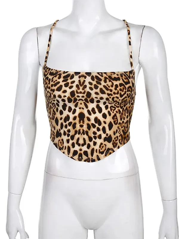 Leopard Pattern Women Tank Tops Backless Sexy Rave Outfits Sleeveless Cross Lace Up Bralette Crop Top Summer Streetwear — image 5