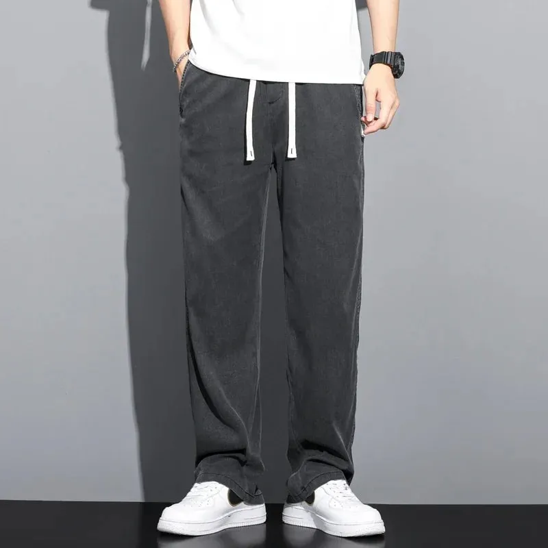 S-5XL 6Style Men's Loose Jeans Summer Soft Lyocell Thin Fabric Straight Pants Drawstring Elastic Waist Korea Casual Trousers Y2K