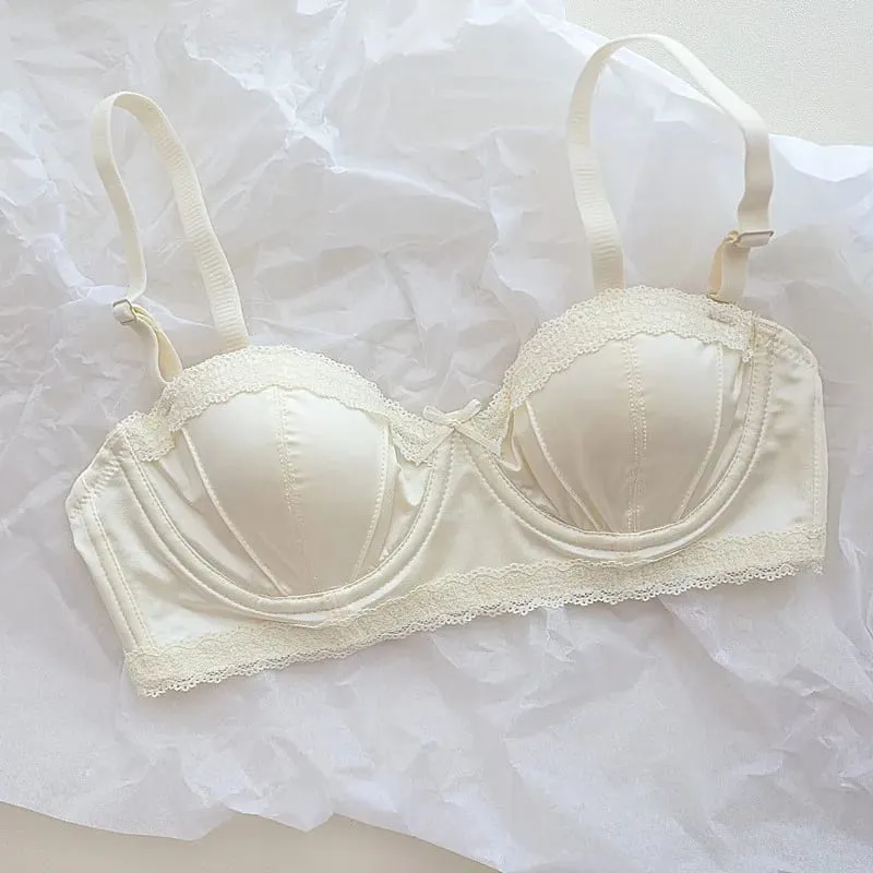 French girly underwire push-up bra Sweet lace edge half cup lingerie women's thin cup with anti-sagging bra set — image 9