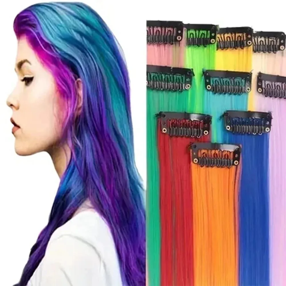 Synthetic 10 PC Hair Extensions Red and Blue Clip in SOlldag Colored Party Highlights Straight Hairpiece for Kids Girls Women — image 2