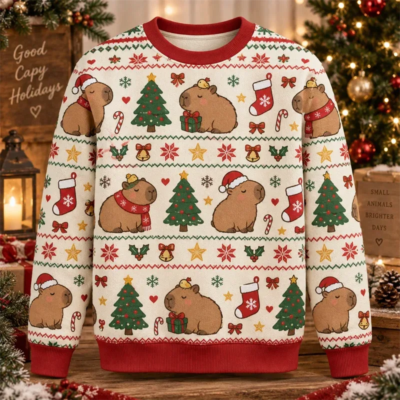 Capybara Christmas Sweater Funny Animal Holiday Graphic Crewneck Xmas Pullover Winter Party Gift Casual Streetwear Festive Top — image 3