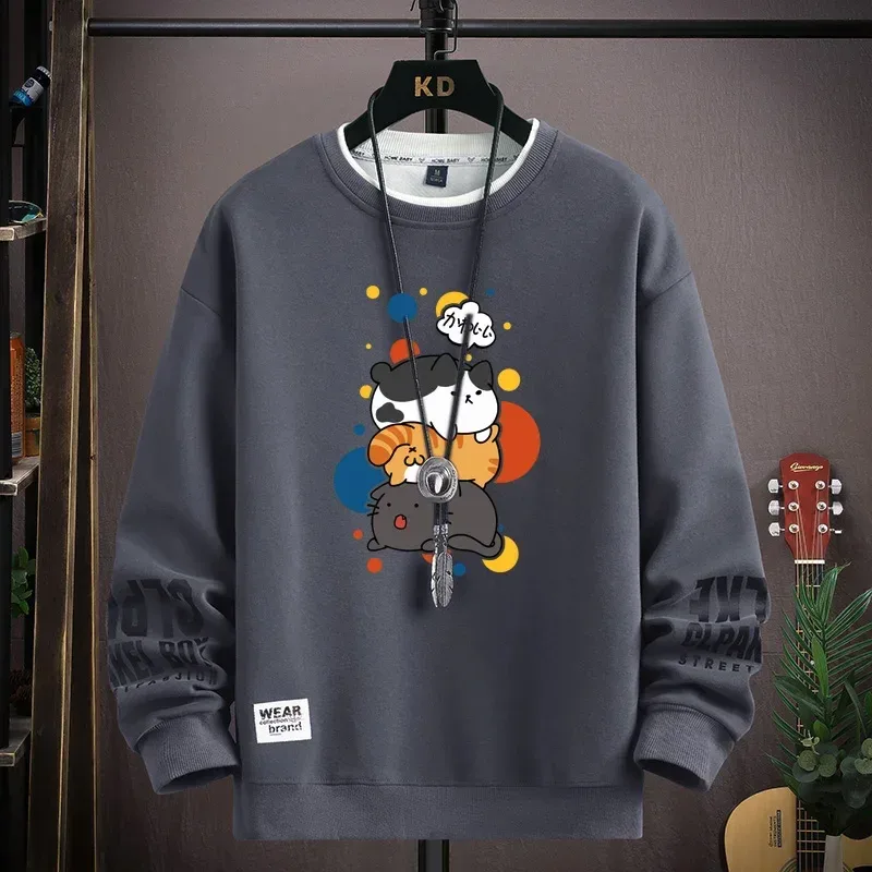 Spring Men's Sweatshirt Japan Cartoon Cats Printed Long Sleeve T-shirt Fashion Men's Clothing Khaki O Neck Harajuku Top 2024 New — image 12