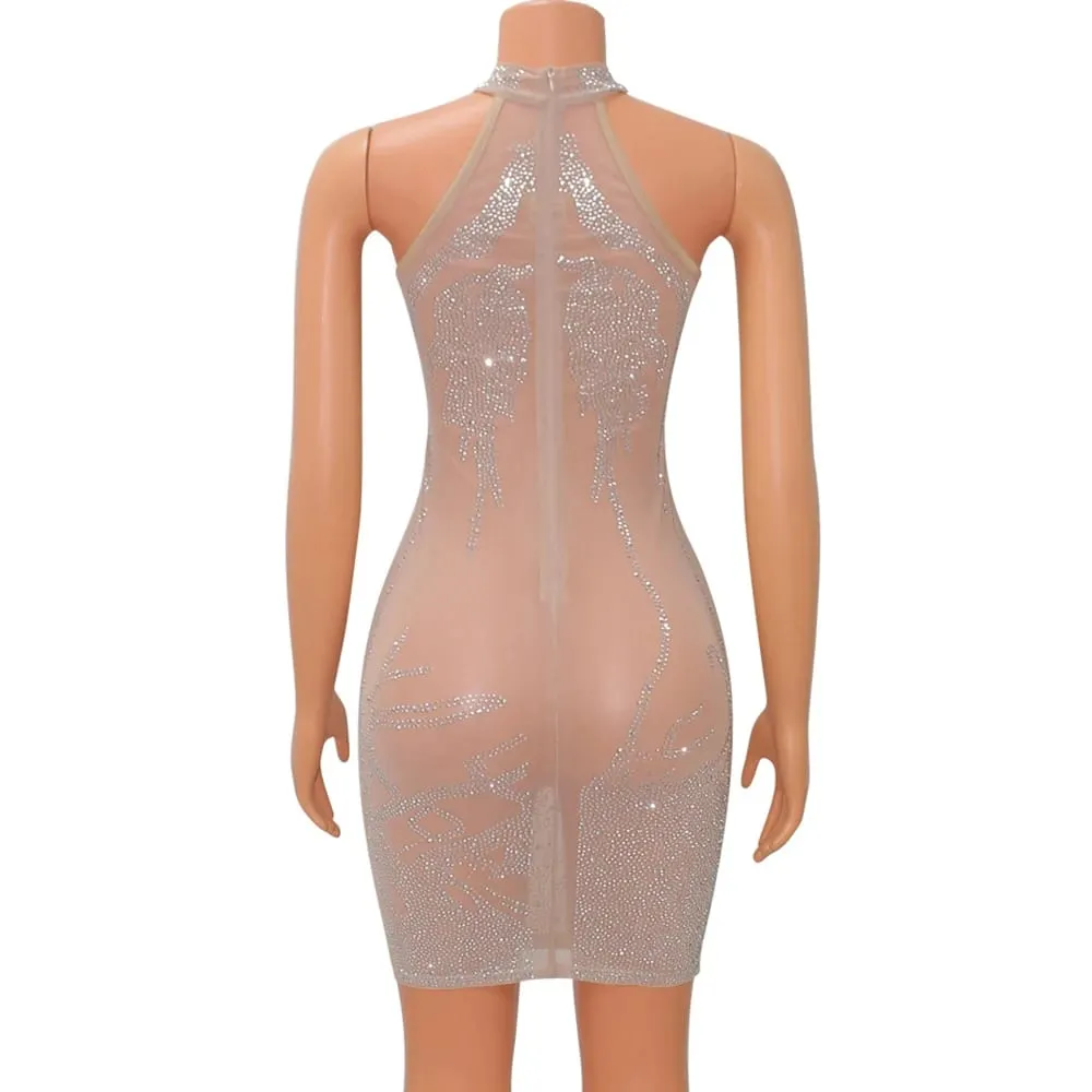 Sexy Mesh Rhinestone Short Prom Evening Mini Dress See Through Outfits Luxury For Women Night Club Party Diamond Bodycon Dresses — image 5