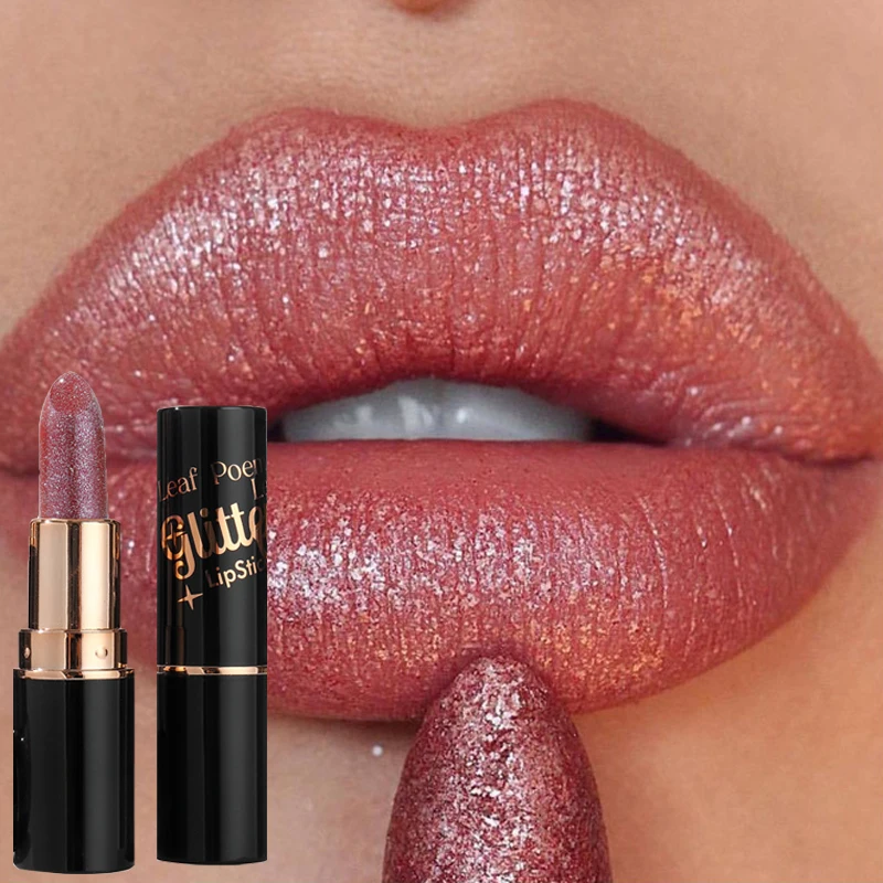 6 Colors Glitter Lipstick Waterproof Lasting Diamond Pearlescent Metallic Lipstick Pink Red Lip Gloss Women Lips Makeup Cosmetic