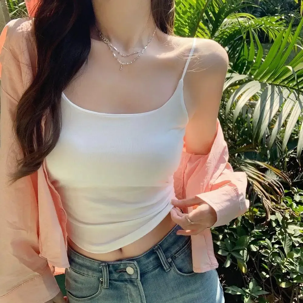 Women's Solid Color Spaghetti Straps Sleeveless Slim Camisole With Chest Pad Fashion Women Summer Top Wearing Inside And Outside