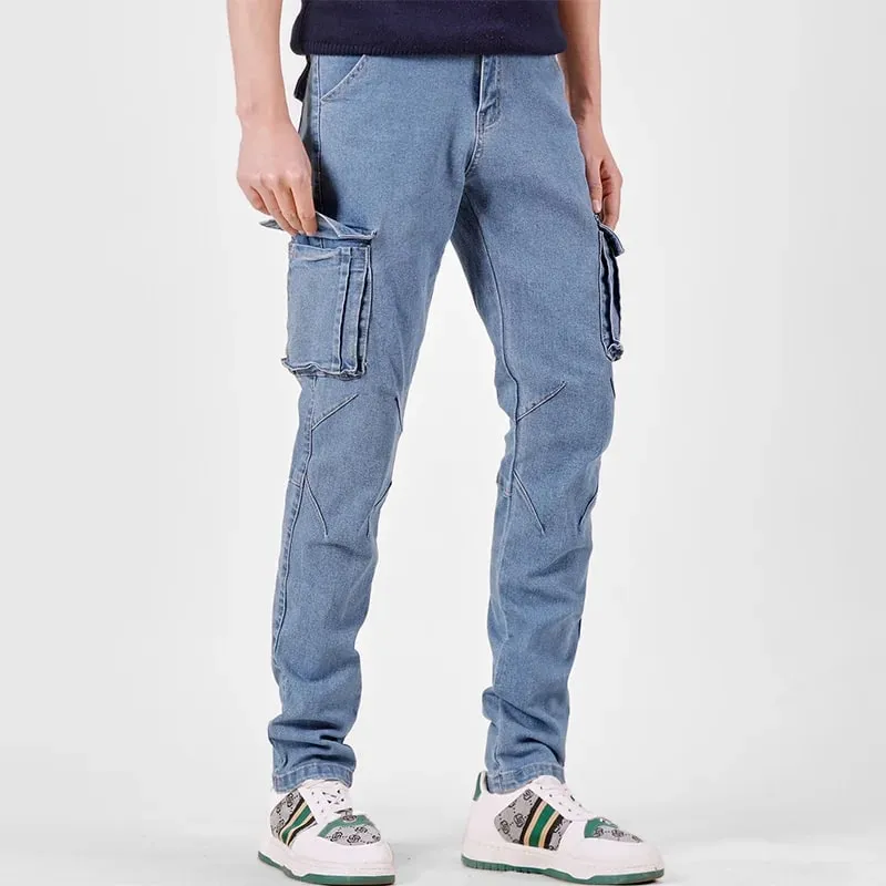 Men's Street Style Elastic Waist Denim Cargo Pants Solid Color Washed Slim Fit Casual Jeans with Multiple Pockets for Daily Wear — image 11