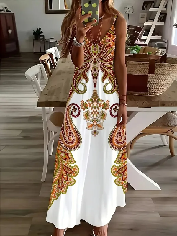 2024 Cross border New Flower Printed V-neck Strap Dress with Exotic Bohemian Vacation Style Elegant Long Style — image 4