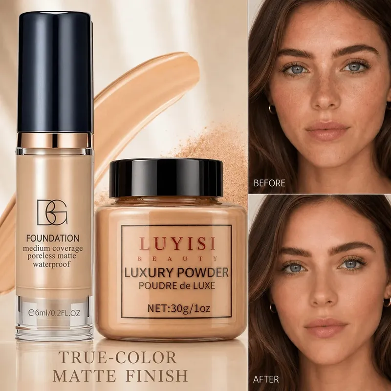 Facial Makeup Set:1pc Matte Loose Powder+1pc Waterproof Fundation High-Coverage Long-Lasting Oil Control Creat Natural Looks. — image 2