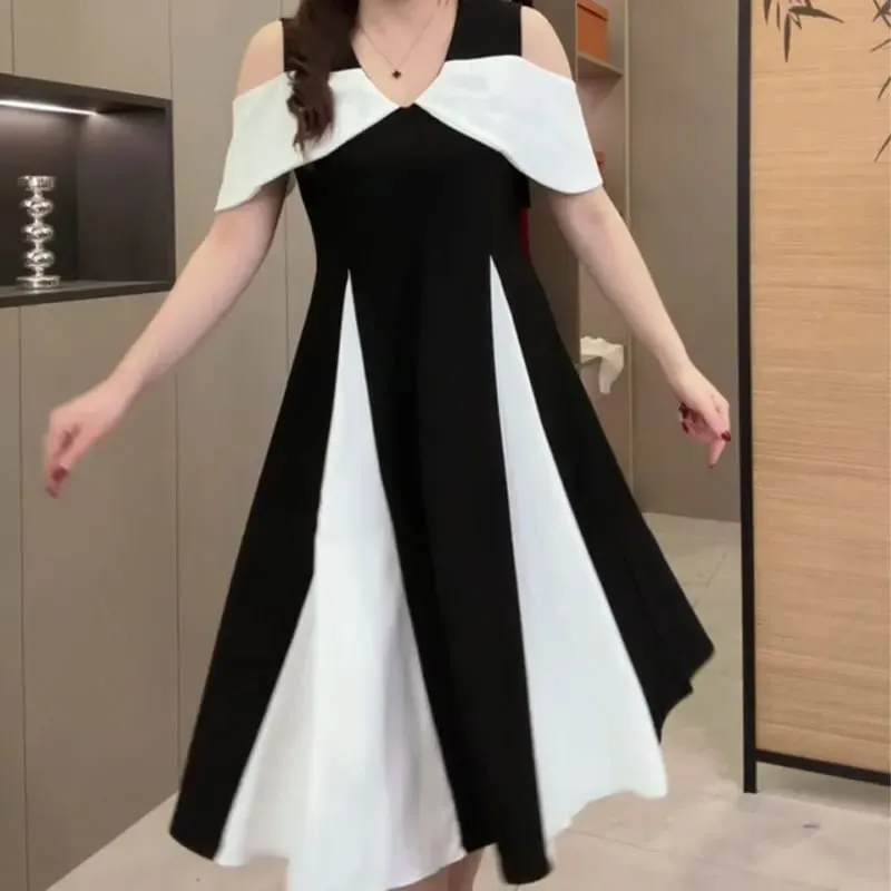 Elegant V-Neck Off Shoulder Midi Dress Summer Stylish Patchwork Women's Clothing A-Line Waist Commute Short Sleeve Basic Dresses