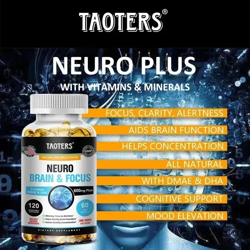 Suplemento cerebral Memory Focus Clarity Energy - Estimulador cerebral nootrópico DMAE Vitaminas A C D E B1 B2 B3 B5 B6 Cápsulas