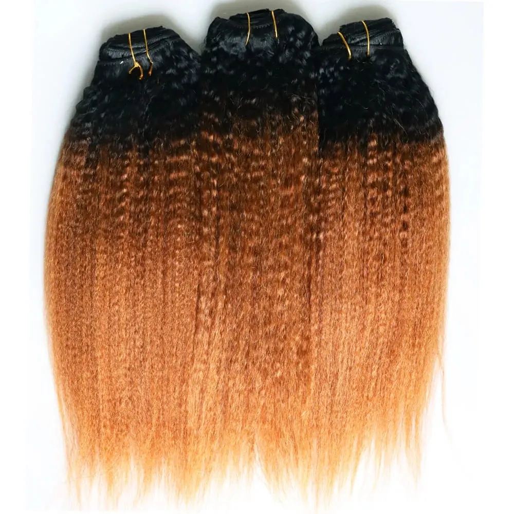 Ombre Two Tone 1B 30 Kinky Straight Human Hair Clip In Extensions Coarse Yaki Virgin Remy Indian Hair Clips In Hair — image 4