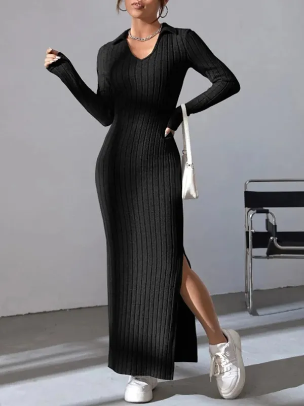 Spring and summer 2024 new style knitted slim lapel long sleeve dress pit strip solid color tight skirt — image 7