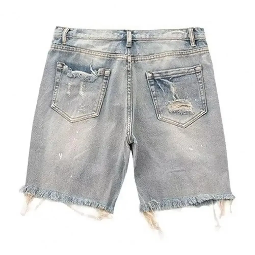 Men Summer Distressed Denim Shorts Button Zipper Fly Multi Pockets Short Jeans Straight Fit Ripped Holes Knee Length Distressed