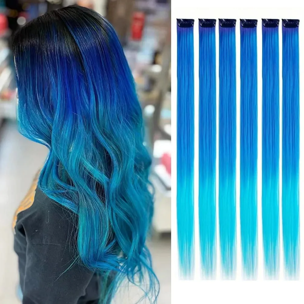 6pcs/pack Colored Party Highlights Clip in Hair Extensions 22 inches Multi-colors Straight Hair Synthetic Hairpieces