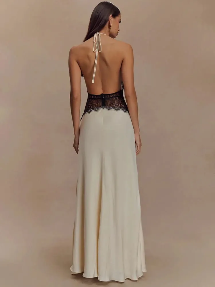 Mozision Summer Backless Sexy Maxi Dress Women Gown Patchwork Lace Halter Deep V Neck Sleeveless High Waist Elegant Long Dress — image 3