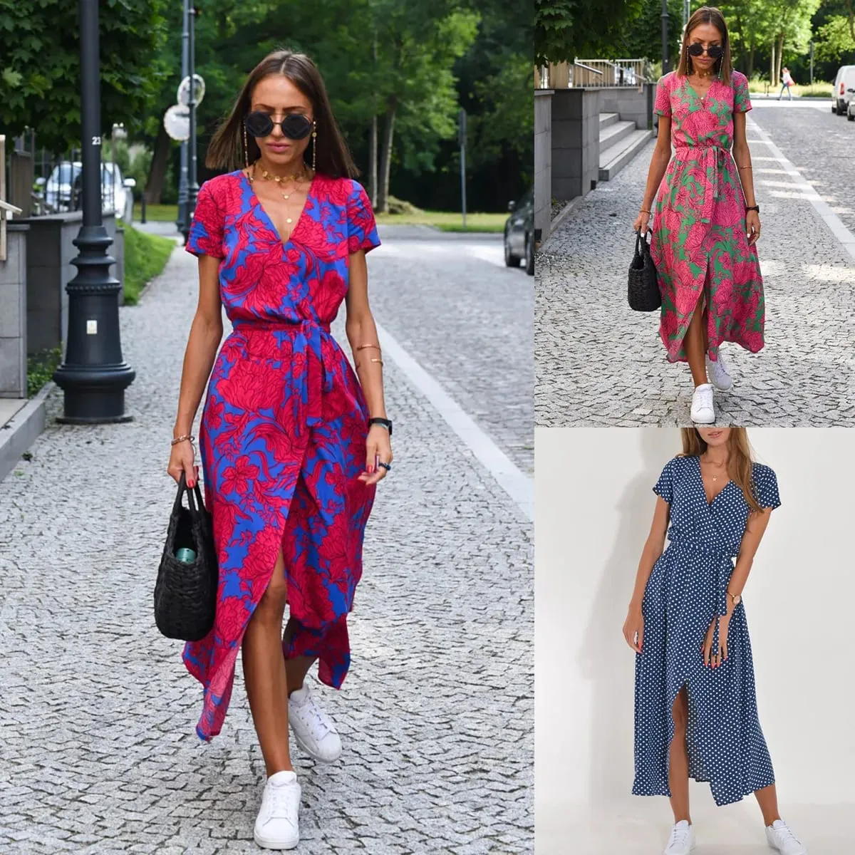 Printed Dress 2025 Summer V-neck Split Fork Medium and Long Group European and American Cross-border Women's Clothing