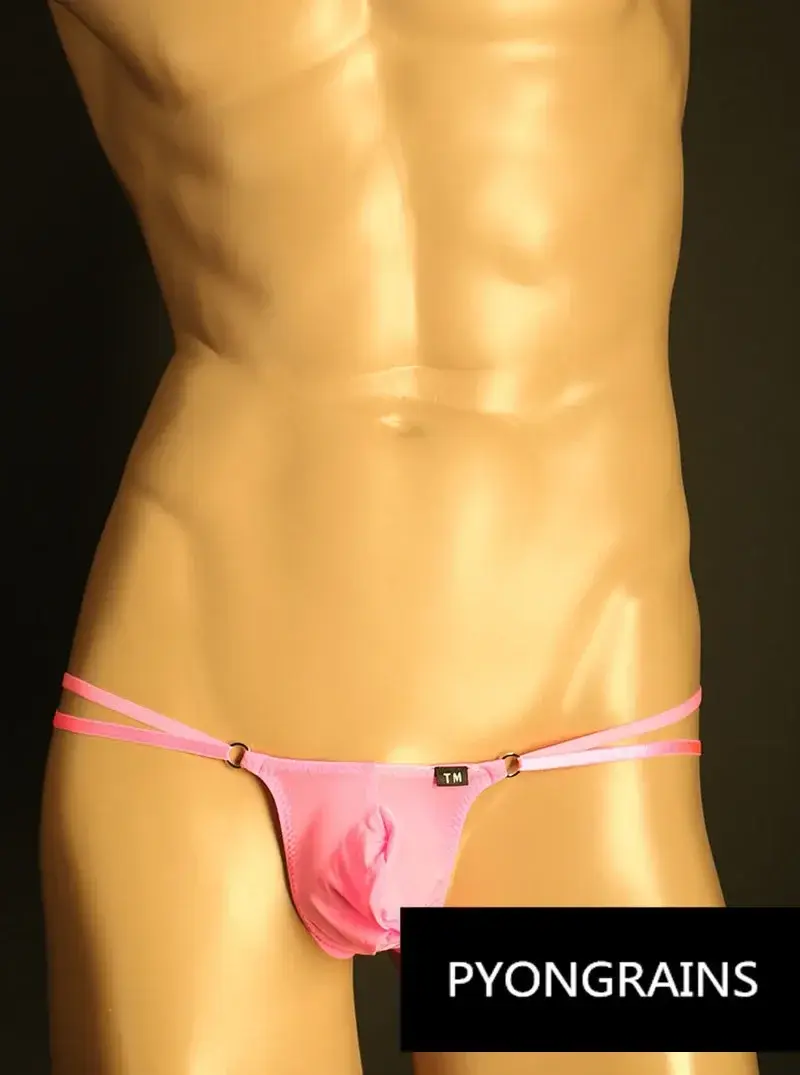 Men Adjustable Metal O-Ring Double Thin Strap Bikini Briefs Low Rise Silky Ice Silk 3D U Convex Pouch Sexy Male Underwear