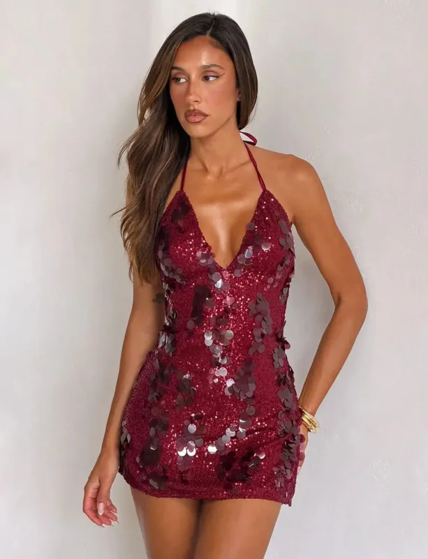 Dámské jednobarevné flitrové minišaty ohlávka s výstřihem hlubokým výstřihem do V bodycon bez rukávů Třpytivé vestidos formální klubové koktejlové šaty Nové — image 8