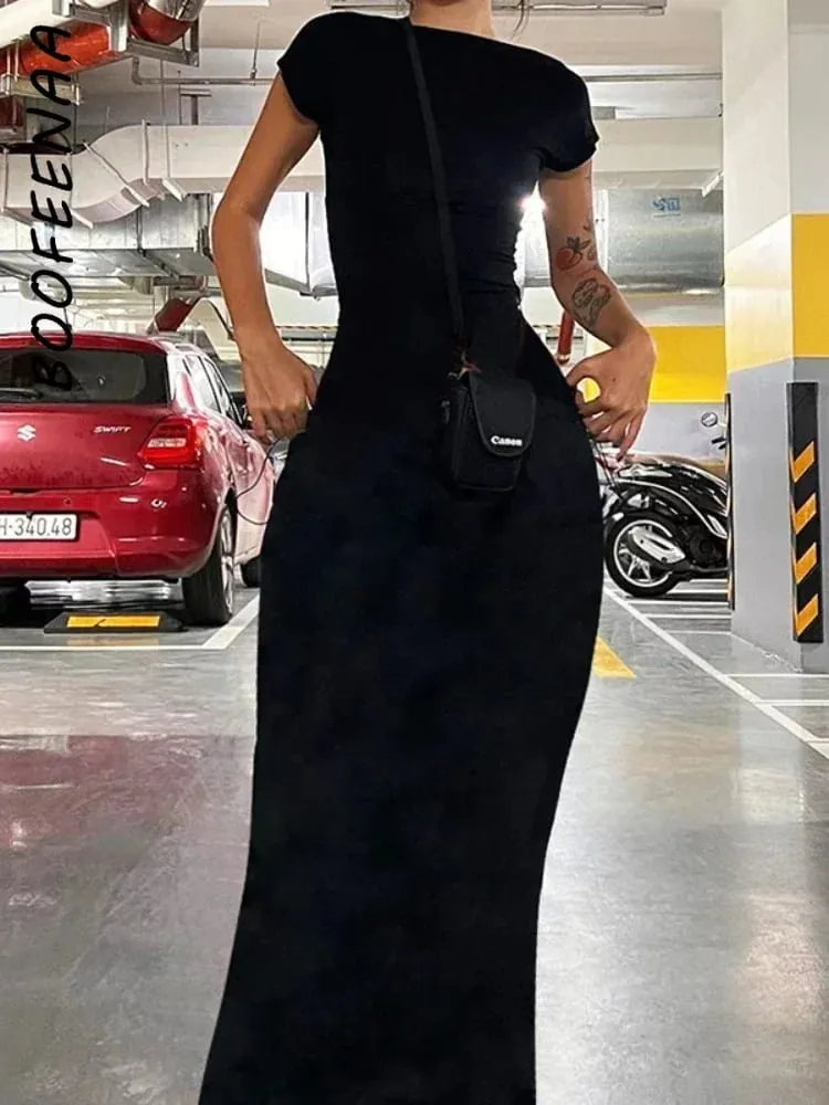 Short Sleeve Backless Long Dresses Sexy Outfits for Women Clothes Basics Casual Bodycon Grey Black Dress C71-BH23 — image 3