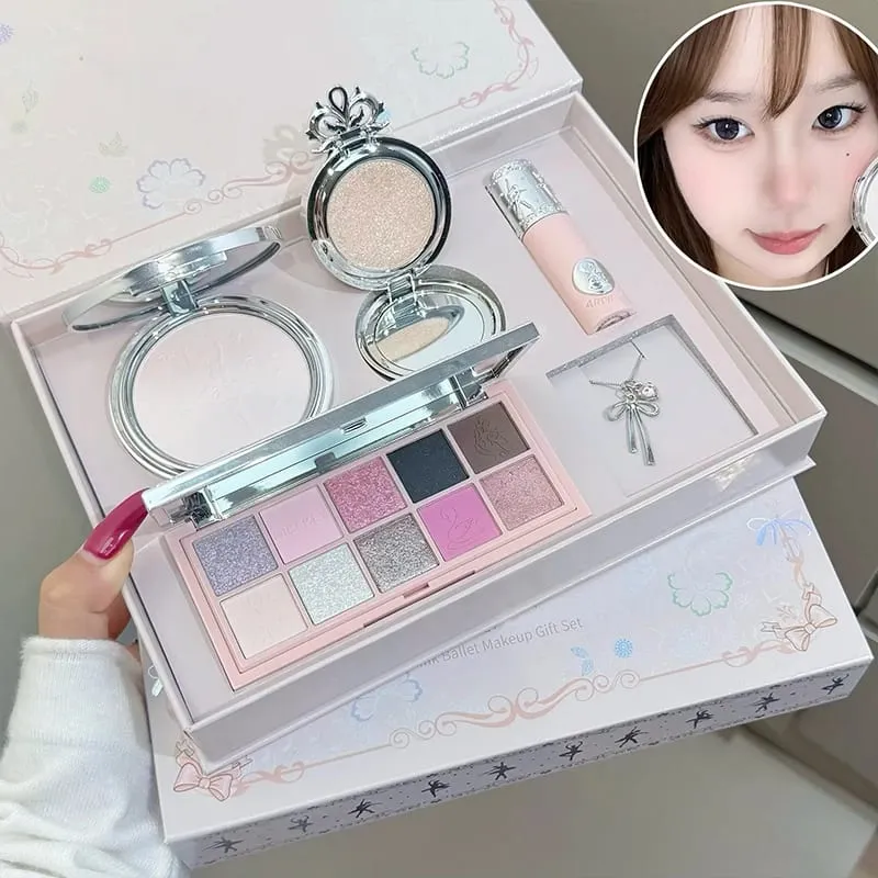 Pink Ballet Makeup Box Include 1*Lip mud 1*Pressed Powder 1*Highlight Powder 1*Eyeshadow Palette Powder With Necklace
