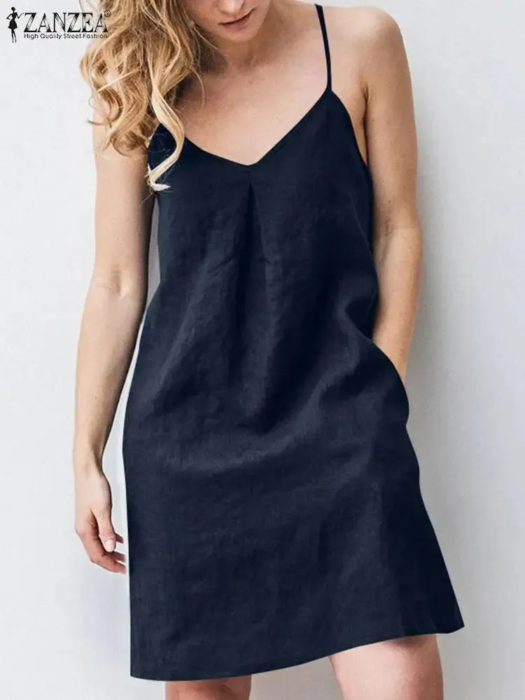 2023 ZANZEA Women Summer Backless Straps Dress Solid Sleeveless V-Neck Sundress Female Casual Robe Party Beach Vestidos Oversize — image 5