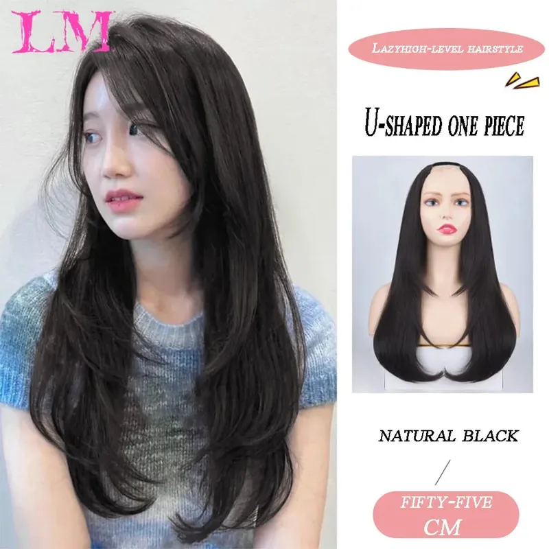 LM Synthetic Hair Extensions Long Straight U-Shaped Half Wig for Women Female Natural Black Blonde Hairpiece — image 11