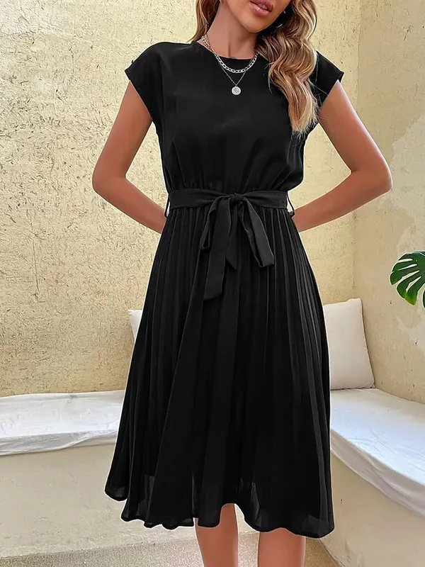 Elegant Women Summer Casual Beach Sundress Short Sleeve Pleated Midi Dress Soild Colour O Neck Tunic Dresses Fashion — image 12