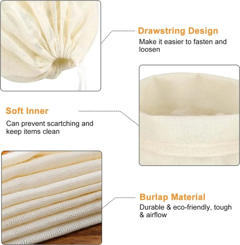 5Pcs 20x25CM Reusable Cotton Straining Bags Drawstring Muslin Cheesecloth Spice Soup Bags for Cooking Bone Broth Brew Bag Pouch — image 3